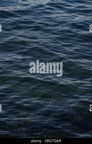 Gentle ripples disturbing the surface of dark blue water, reflecting the dim light of the evening Stock Photo