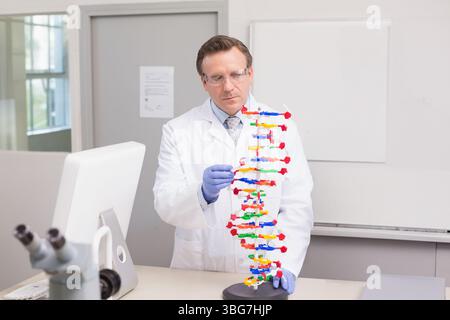 Male scientist wearing gloves and safety glasses examining plastic DNA model in lab with microscope Stock Photo