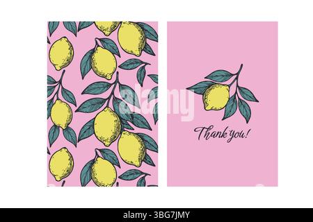 Bright thank you card set with hand drawn lemons and teal leaves on a pink background. Cheerful, fresh, and perfect for summer greetings or stationery Stock Vector