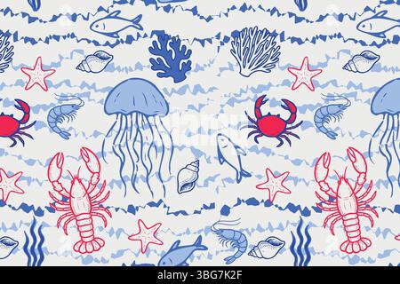 Playful marine pattern with hand-drawn jellyfish, lobsters, crabs, fish, shells, and corals in red and blue on a wavy striped background. Bright and Stock Vector