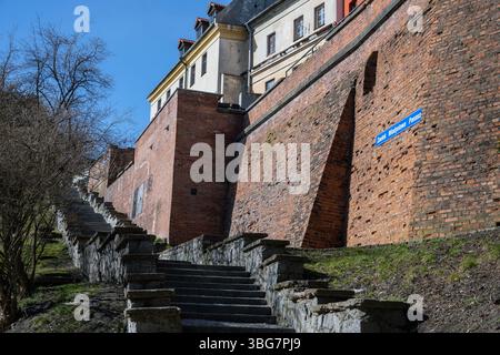 Poland; Lublin; 2018; stone stairs leading up to the city wall; Steintreppe hinauf zur Stadtmauer; escaleras de piedra en la muralla de la ciudad Stock Photo