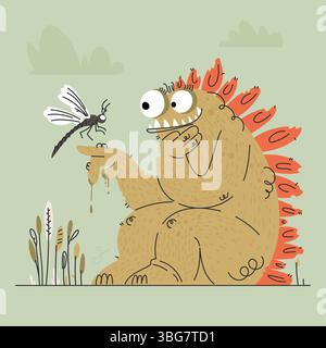 A cartoon monster with orange spines meets a dragonfly in a whimsical landscape with clouds and reeds. The illustration is playful, sweet, and colorfu Stock Vector