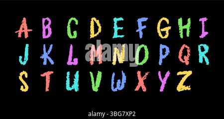English alphabet hand-drawn in a crayon. Capital colorful letters in chalk, pastel, or wax style. Highlighter effect on white board for kindergarten Stock Vector