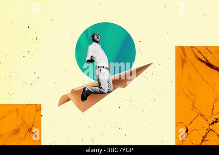 Banner full 3d photo trend image collage of happy businessman fly airplane origami development career travel passenger networking Stock Photo