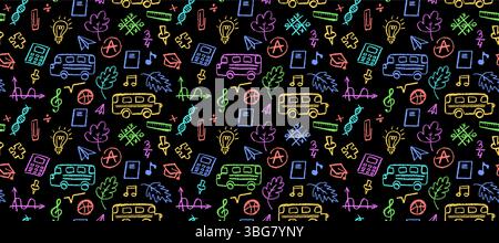 Seamless pattern with school icons like bus, leaf, note, and bulb in vibrant colors. Ideal for back to school or kindergarten designs, educational Stock Vector
