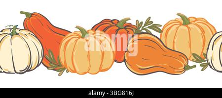 Vector seamless border of colorful pumpkins, Halloween decoration. Pattern with autumn pumpkins for Halloween party invitations, Thanksgiving day design. Stock Vector