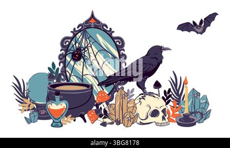 Vector composition with witch objects. Witchcraft concept, astrological, esoteric. Sticker with mirror, cauldron, skull, potion, raven, crystal, bat, candle, fortune-telling ball for Halloween. Stock Vector