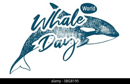 Whale and Dolphin Day emblem, July 23, 2025. Vector linear drawing of killer whale. Concept of global problem of preserving animal diversity in the ocean. Orca sticker design for t-shirt. Stock Vector