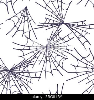 Vector seamless pattern with spider web on white background. Minimalistic Halloween background. Spider web in sketch technique. Stock Vector