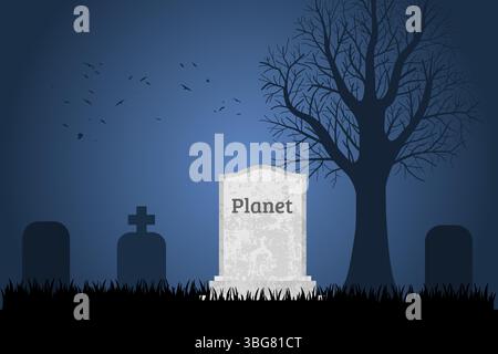 Planet is dead. Grave concept symbolizing environmental destruction problem, climate change and human pollution issues. Stock Vector
