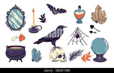 Vector set with witch objects. Witchcraft concept, astrological, esoteric. Illustration with mirror, cauldron, skull, potion, raven, crystal, bat, candle, spider, web, ball of luck for Halloween. Stock Vector