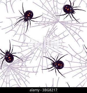 Spider black widow Latrodectus occidentalis hangs on the web. Vector seamless pattern with black spider in flat style. Dangerous poisonous insect. Halloween background. Stock Vector
