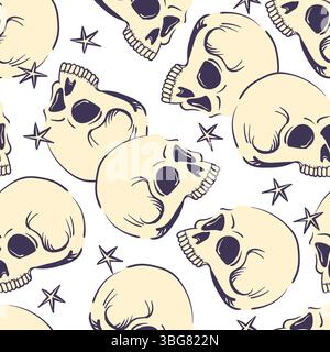 Seamless pattern with human cranium. Vector stylized skulls isolated on white background. Background with human bone for Halloween decor or product design in mystical style. Stock Vector