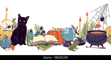 Seamless pattern with magic items, witchcraft goods, grimoire, potion, skull, magic ball and candlestick, pumpkin. Familiars for the sorcerer cat, frog, spider. Vector illustration for Halloween. Stock Vector