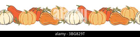 Vetcor horizontal border of colorful pumpkins, Halloween decoration. Seamless pattern with autumn pumpkins for Halloween party invitations, Thanksgiving design. Stock Vector