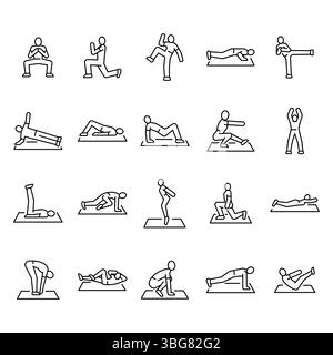 Home workout black line set icon for digital and print projects.  Minimal clean icons for apps and websites. Modern simple icons for UI UX and brandin Stock Vector