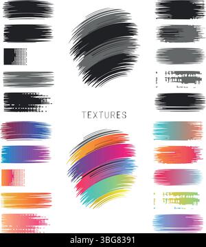 Dynamic brush stroke textures for modern design projects, offering vibrant color palettes and unique artistic effects for standout presentations Stock Vector