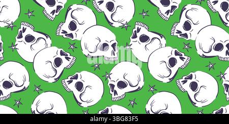 Seamless pattern with human skull. Vector stylized craniums isolated on green background. Background with human bone for Halloween decor or product design in mystical style Stock Vector