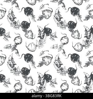 Linear sketch of kohlrabi. Vector drawing in engraving style. Seamless pattern with cabbage. Round head and leaves of German turnip on white background. Stock Vector