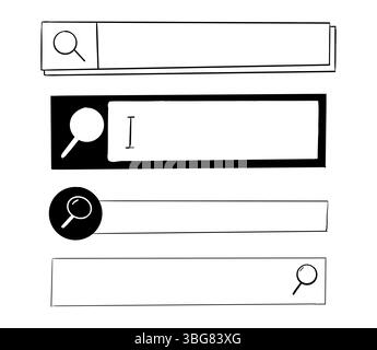 Search bar finder set, doodle frame text box border, form with magnifier, interface Menu ui design element. Simple banner, site border. Vector illustration Stock Vector