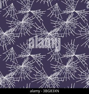 Minimalistic spider web background on dark background. Vector seamless pattern for Halloween. Spider web in sketch technique. Stock Vector