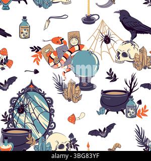 Seamless pattern with occult objects Witchcraft, astrological, esoteric, magic symbols Vector background with mirror, cauldron, skull, potion, raven, snake, crystal, divination ball, snake, tarot card Stock Vector