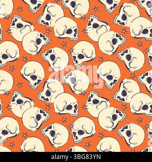 Seamless pattern with human skull for Halloween. Vector stylized craniums . Background with human bone for product design in mystical style. Stock Vector