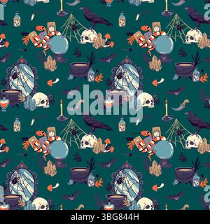 Seamless pattern with occult objects. Concept of Magic, mysticism, esoteric, witchcraft for Halloween. Vector background with cauldron, skull, potion, raven, snake, crystal, fortunetelling ball, tarot Stock Vector