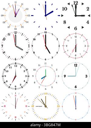 A set of different mechanical clocks with an image of each of the twelve hours. Clock face on white background. Stock Vector