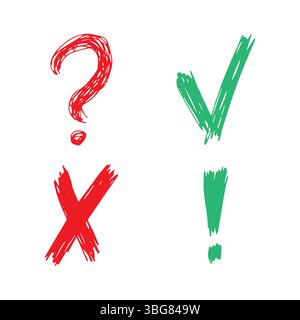 Hand drawn check, cross, question mark and exclamation mark symbols. Set of four green and red sketch symbols. Vector illustration Stock Vector
