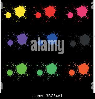Multiple colorful paint splashes on black background with vivid ink drops, grunge splatter spots, vibrant colors, and artistic grunge texture Stock Vector