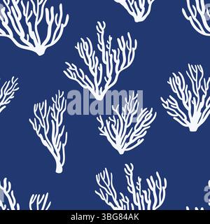 White corals on blue background. Summer beach seamless pattern. Vector hand drawn illustration of sea reef. Tropical fashion textile print or wrapping Stock Vector
