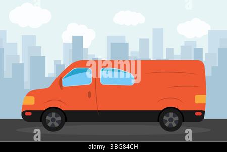 Red minibus in the background of skyscrapers in the afternoon. Vector illustration. Stock Vector