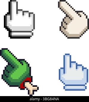 Pixel art set of hand cursors in different styles. Retro pointer icons including zombie, classic, cartoon and digital versions. Isolated on white Stock Vector