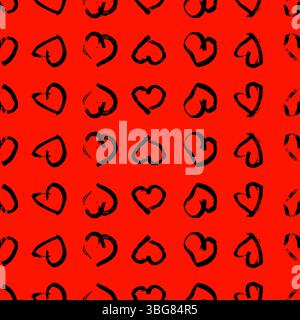 Seamless pattern with hand drawn hearts. Doodle grunge black hearts on red background. Vector illustration. Stock Vector