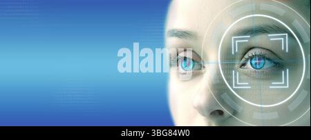 Digital eye scanning technology demonstrating facial recognition on a woman's striking blue eyes during a futuristic examination Stock Photo