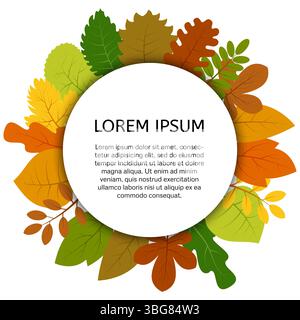 Colorful autumn leaves under white round label. Vector card with yellow leaves isolated on white background Stock Vector