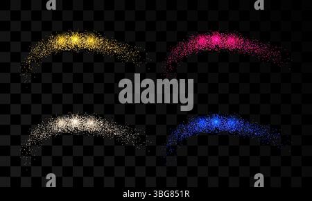 Set of four light wave with gold, silver, red and blue glitter effects on a dark transparent background. Abstract swirl lines. Vector illustration Stock Vector