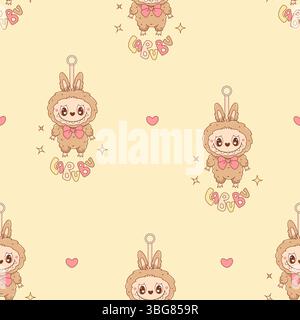 Seamless pattern with Cute Monster keychain Toy Labubu with bow on yellow background with Heart. Cartoon Funny plush toothy kawaii fantasy character. Stock Vector