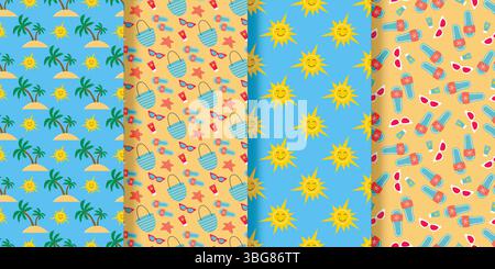 Summer beach seamless patterns set. Sun, palm trees, sea and holiday items create a continuous background. Colorful season summer print, vector graphi Stock Vector