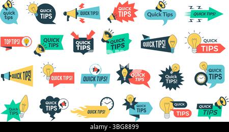 Quick tips. Promo banners in flat style quick tips info buttons design set recent vector template Stock Vector