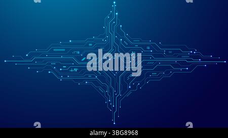 Circuit board wires , light elements on tech blue background Stock Vector