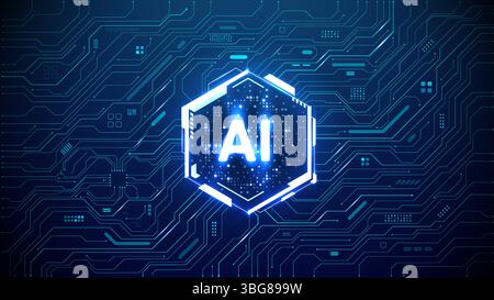 Digital AI chip. Hexagon light neon HUD frame on circuit board Stock Vector