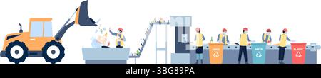 Garbage recycle on conveyor. Waste and rubbish, environmental manufacture. Compress and sorting trash, flat people working recent vector scene Stock Vector
