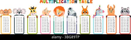 Multiplication tables. Children educational materials, funny mathematics with cartoon animals. School, preschool tools, bookmarks, classy vector Stock Vector