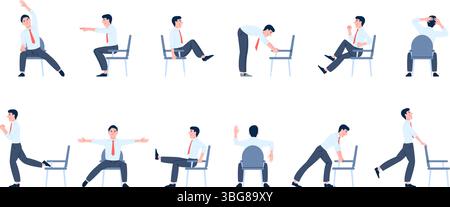 Office chair yoga. Manager workout at working place, prevention of back and neck pain. Sedentary lifestyle, different exercises recent vector set Stock Vector