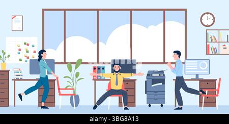 Office sport training on workplace. Managers doing exercises on workplace, warm-up for back, leg, and neck pain. Sedentary lifestyle prevention Stock Vector