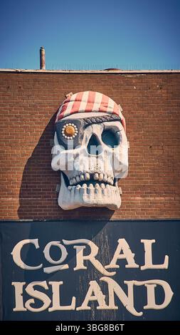 Pirate skull on the wall of Coral Island amusement centre in Blackpool,UK Stock Photo