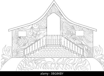 Detailed black and white outline illustration of a stylized house facade with prominent stairs, railing, and intricate floral and swirl patterns. Idea Stock Vector