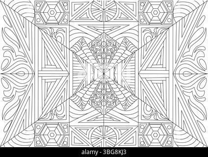 An intricate black and white abstract pattern featuring a blend of geometric shapes like triangles, rectangles, and hexagons, combined with flowing or Stock Vector